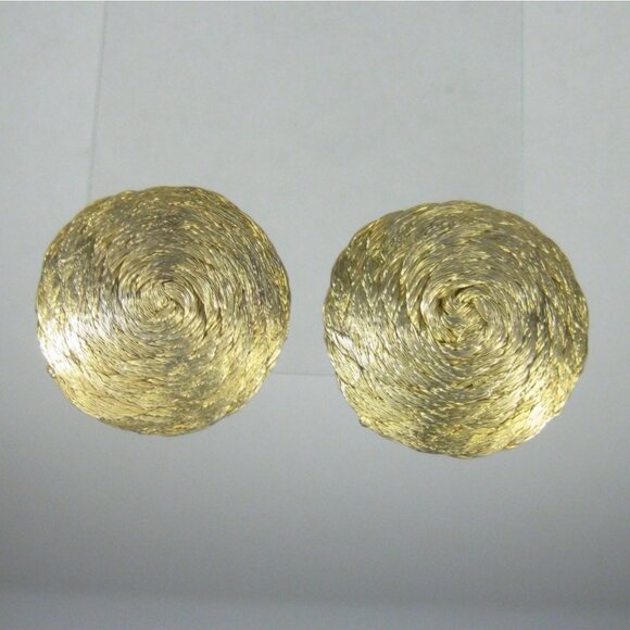 Vintage Swirled Textured Gold Tone Clip On Earrings Round Medallion Byzantine - Picture 5 of 7